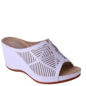 3 Left! Italina White Sequin Stud Embellished Slide-In Mule Comfort Wedge